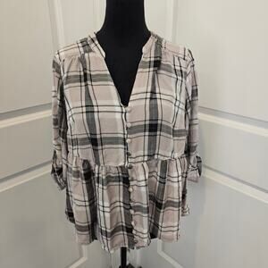 Women's Torrid Plaid Babydoll Button Front 3/4 Roll Up Sleeve V-Neck Top Size 0